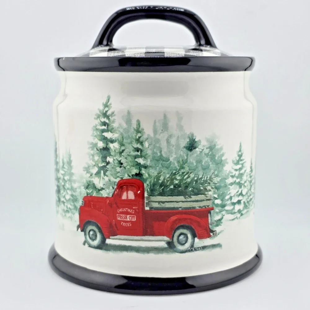 Vintage Style Christmas Cookie Jar Red Truck Fresh Cut Trees Ceramic Canister